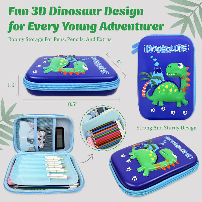 Wrapables Large Capacity EVA Hard Shell 3D Pencil Case, Pencil Storage Box for Stationery Tools, Dinosaurs