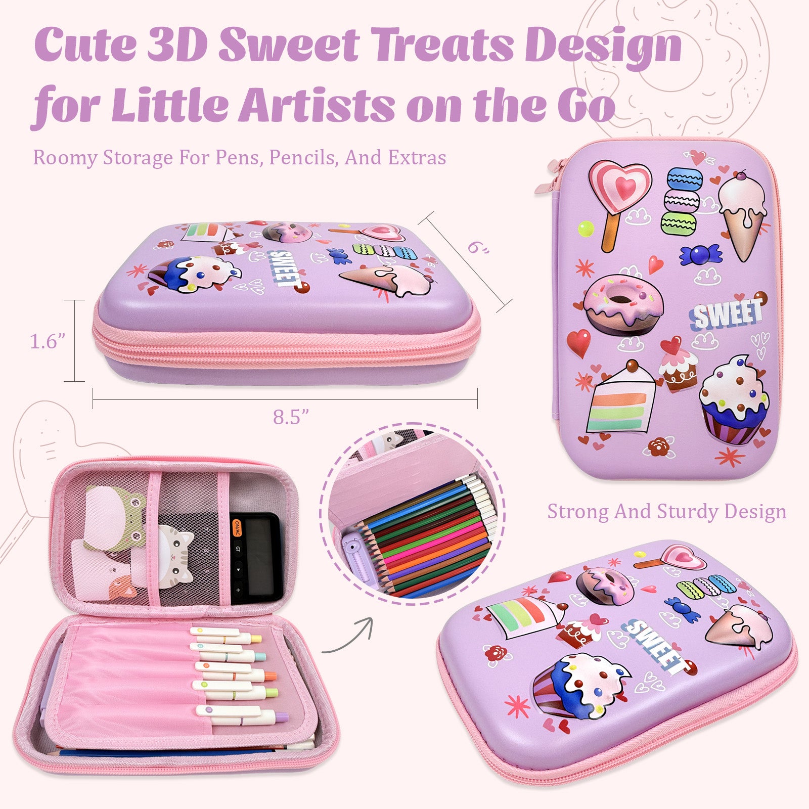 Wrapables Large Capacity EVA Hard Shell 3D Pencil Case, Pencil Storage Box for Stationery Tools, Sweet Treats