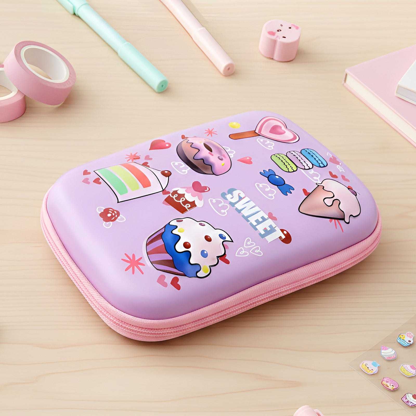 Wrapables Large Capacity EVA Hard Shell 3D Pencil Case, Pencil Storage Box for Stationery Tools, Sweet Treats