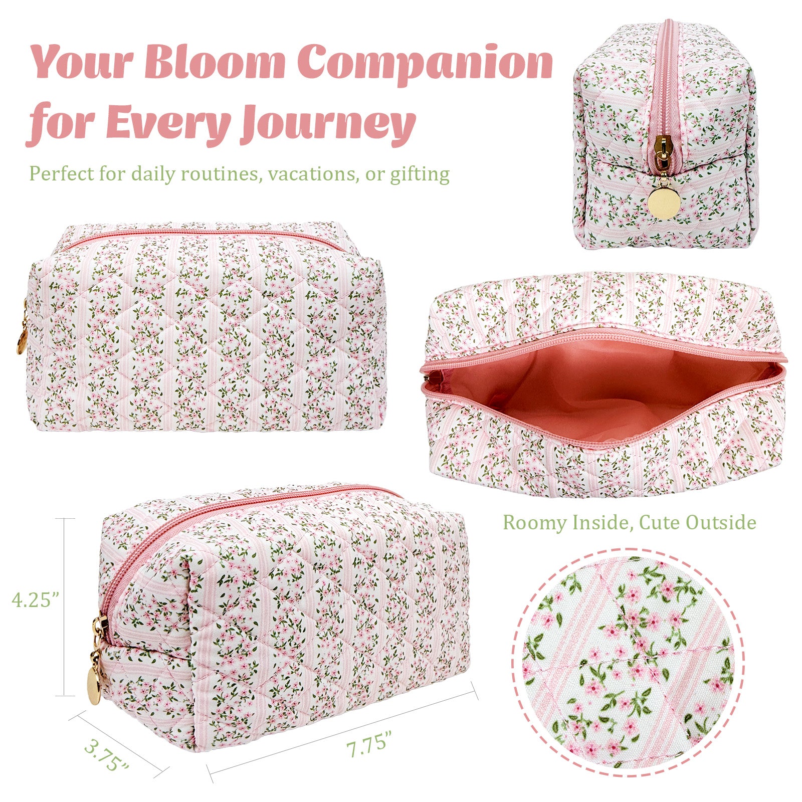Wrapables Floral Quilted Makeup Bag for Cosmetics, Toiletries, Travel