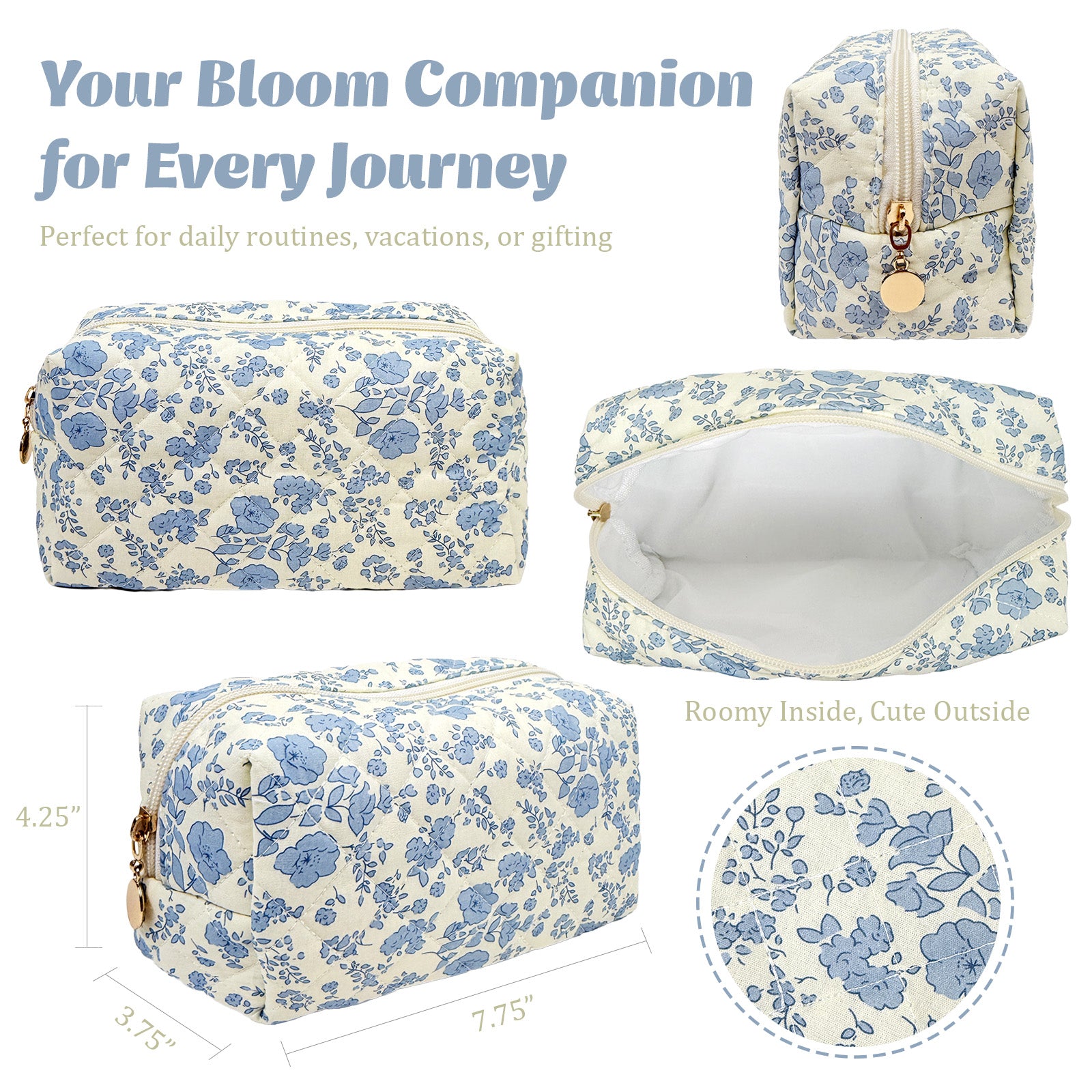 Wrapables Floral Quilted Makeup Bag for Cosmetics, Toiletries, Travel