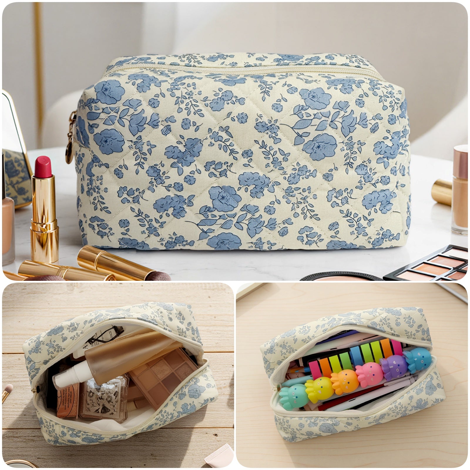 Wrapables Floral Quilted Makeup Bag for Cosmetics, Toiletries, Travel