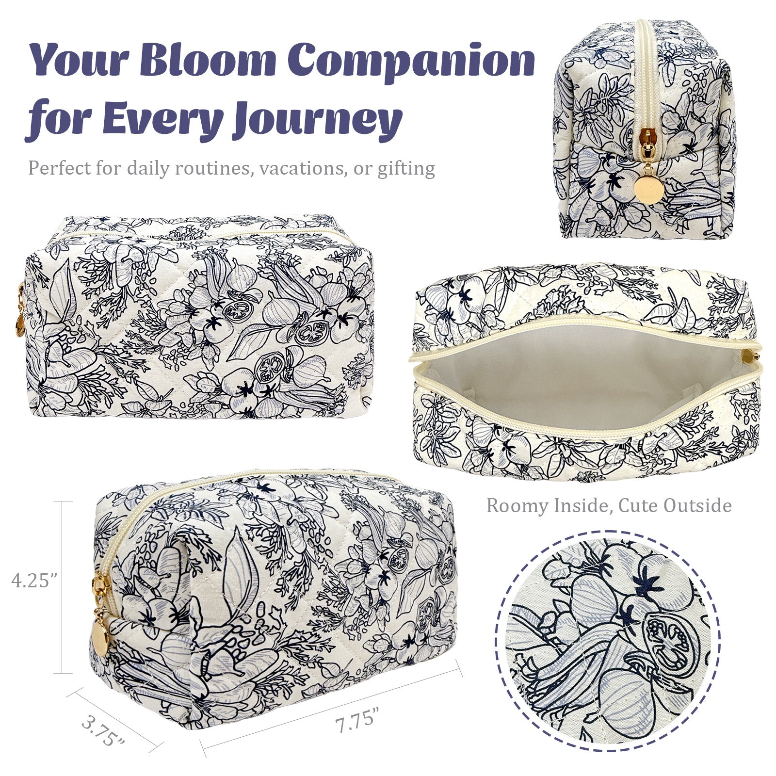 Wrapables Floral Quilted Makeup Bag for Cosmetics, Toiletries, Travel
