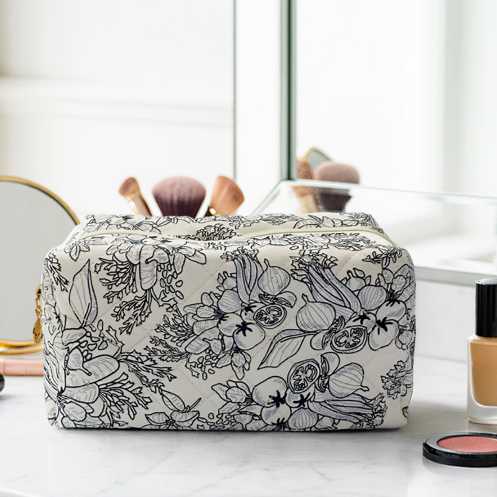 Wrapables Floral Quilted Makeup Bag for Cosmetics, Toiletries, Travel
