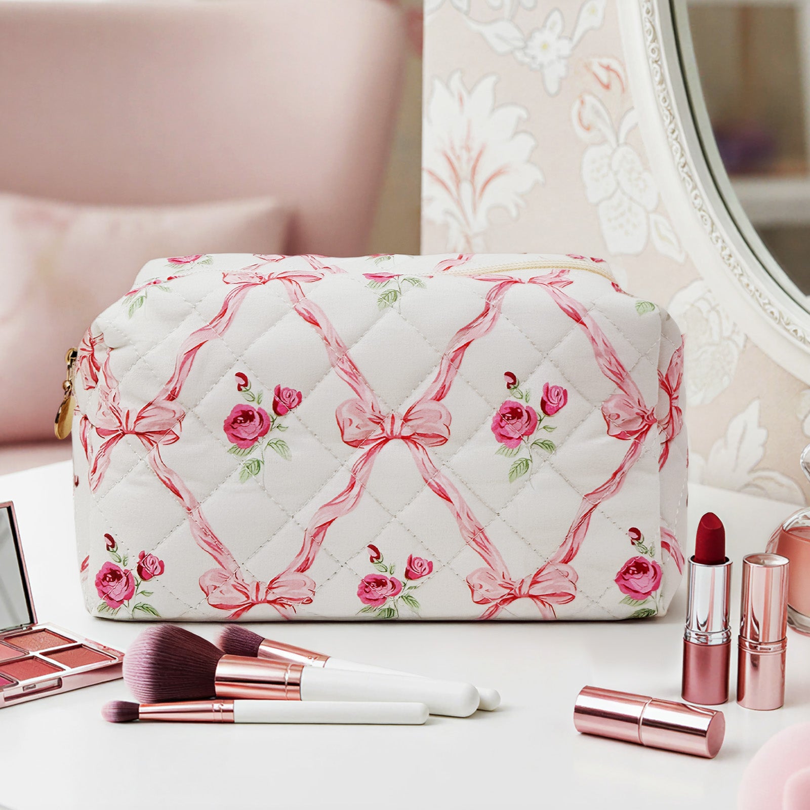 Wrapables Floral Quilted Makeup Bag for Cosmetics, Toiletries, Travel