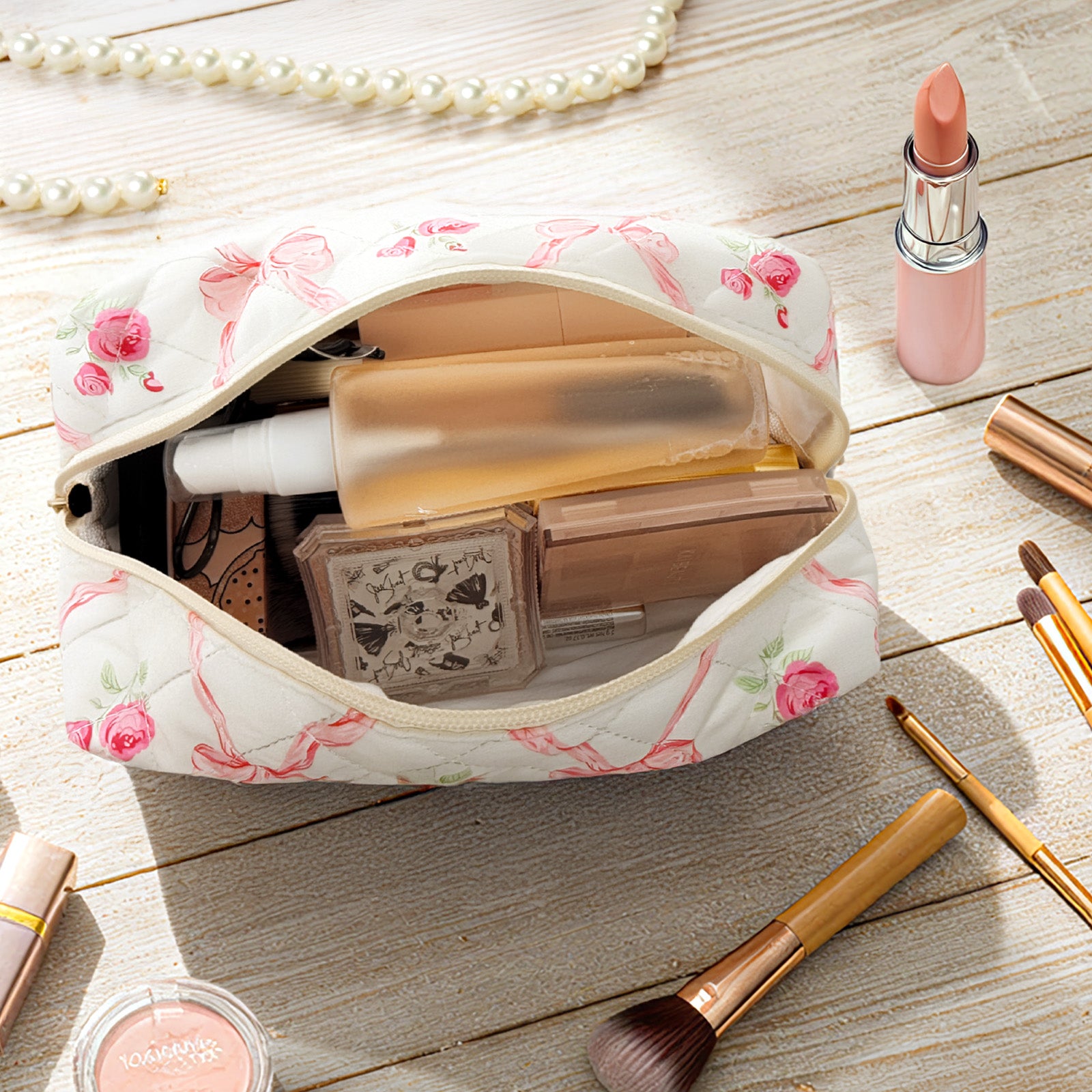 Wrapables Floral Quilted Makeup Bag for Cosmetics, Toiletries, Travel