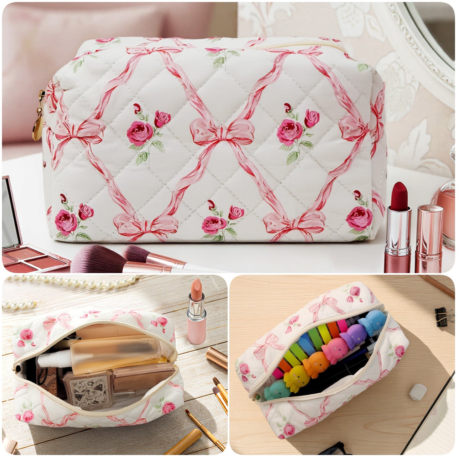 Wrapables Floral Quilted Makeup Bag for Cosmetics, Toiletries, Travel