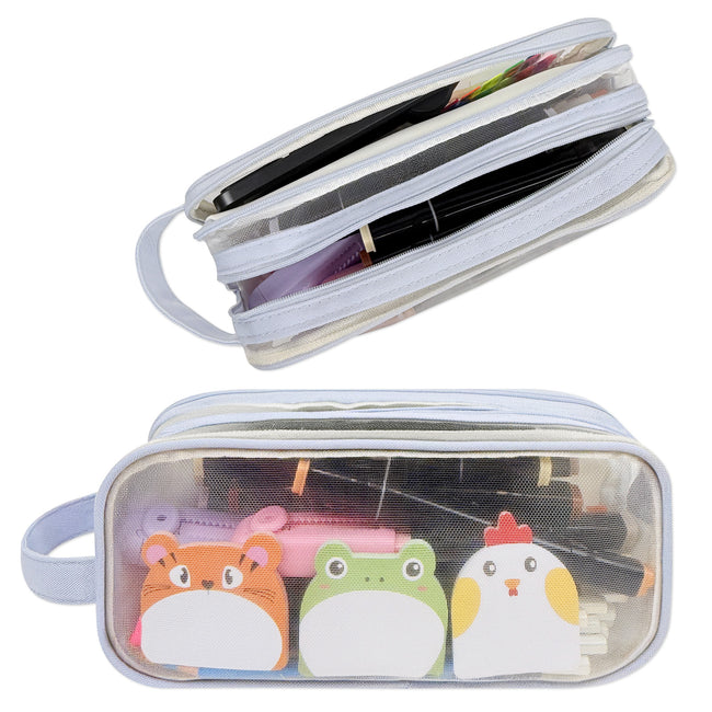 Wrapables 2 Compartment Large Grid Transparent Mesh Pencil Case, Pencil Pouch for Stationery Tools, Makeup, and Travel