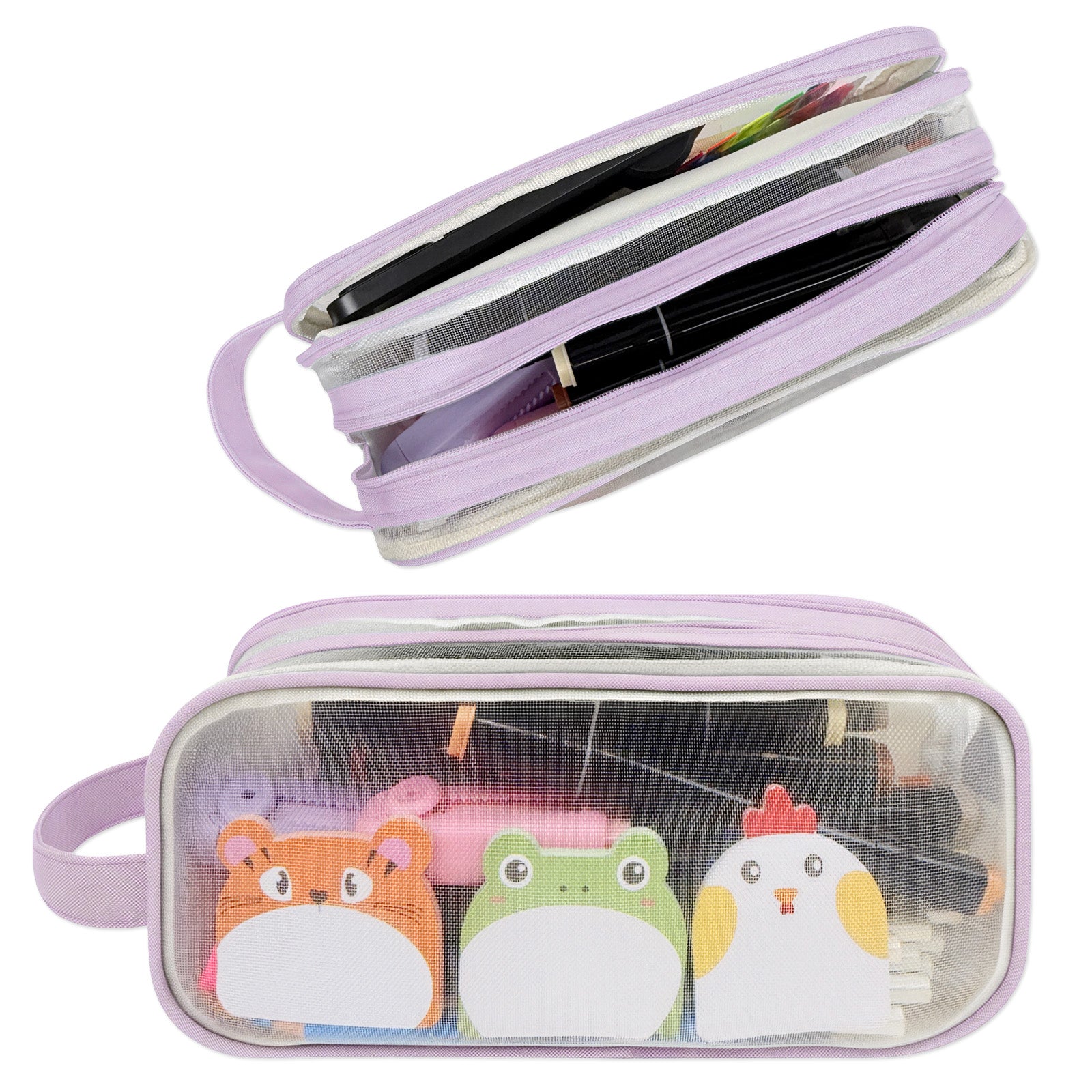 Wrapables 2 Compartment Large Grid Transparent Mesh Pencil Case, Pencil Pouch for Stationery Tools, Makeup, and Travel