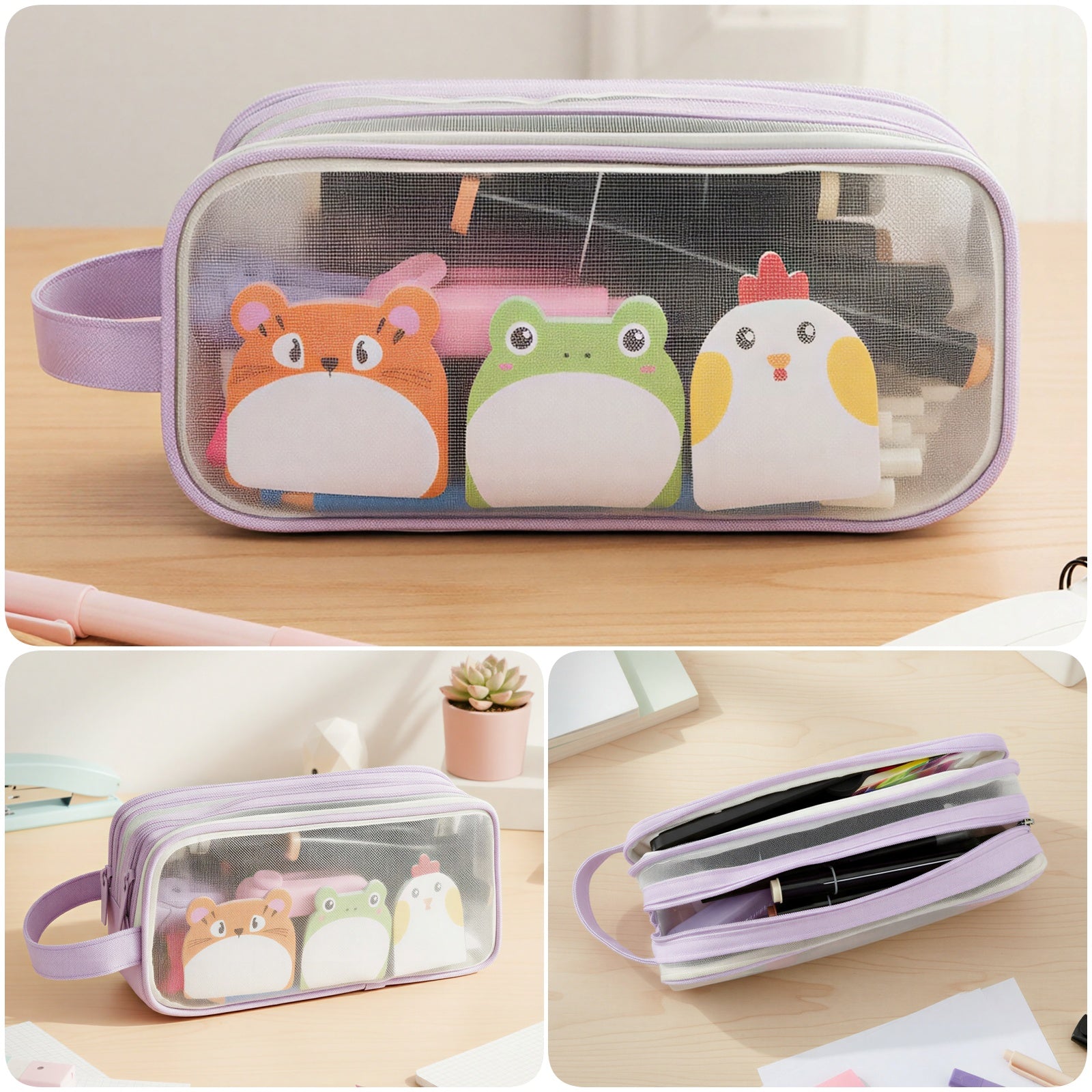 Wrapables 2 Compartment Large Grid Transparent Mesh Pencil Case, Pencil Pouch for Stationery Tools, Makeup, and Travel