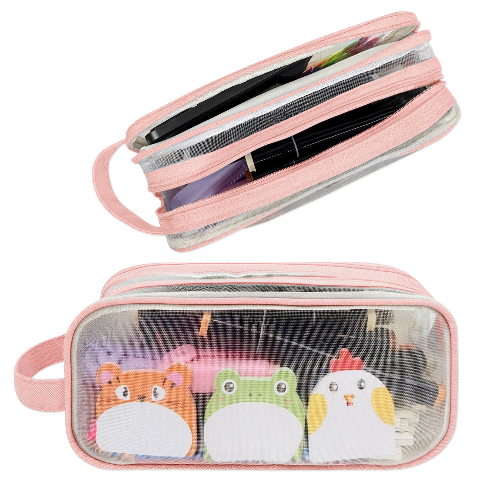 Wrapables 2 Compartment Large Grid Transparent Mesh Pencil Case, Pencil Pouch for Stationery Tools, Makeup, and Travel