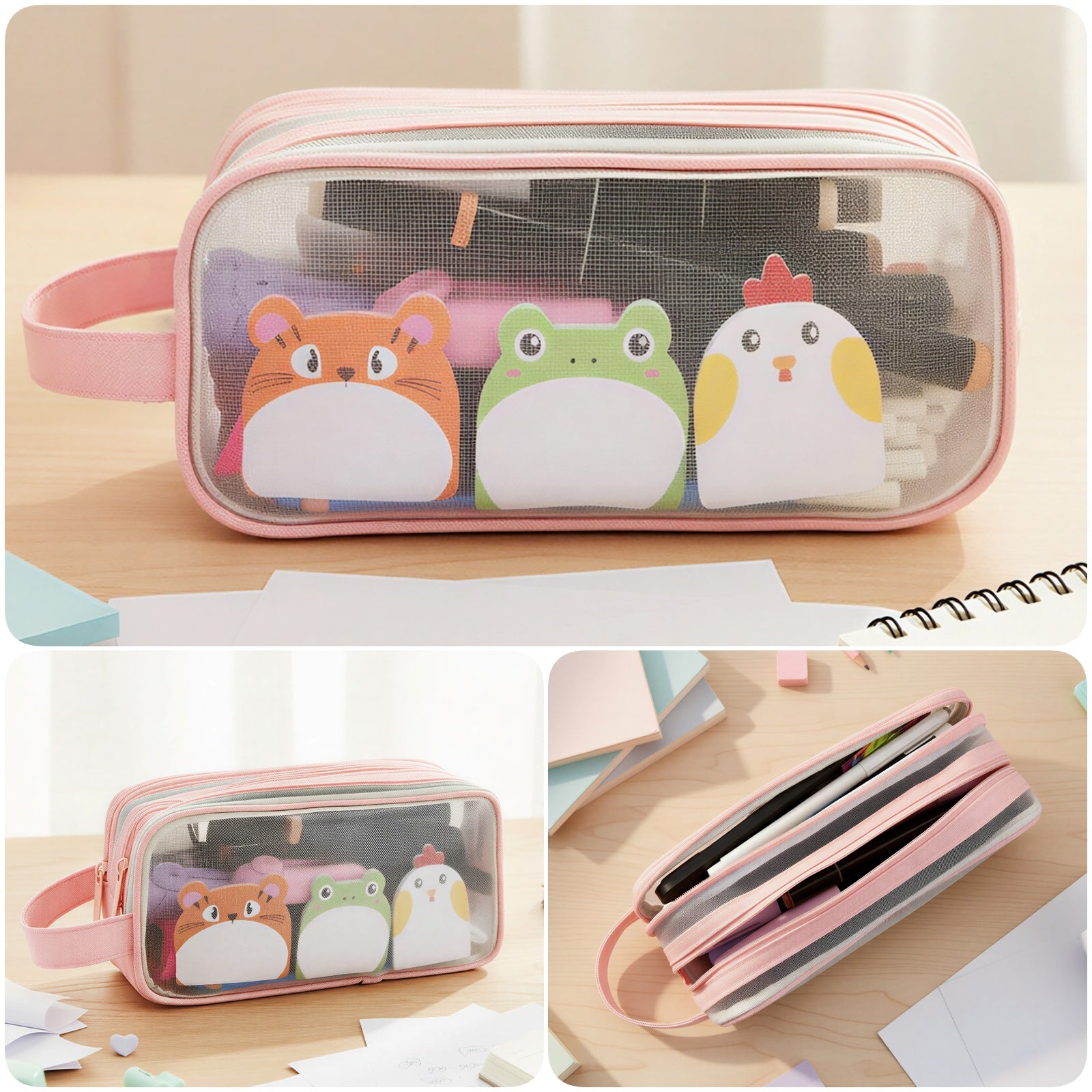 Wrapables 2 Compartment Large Grid Transparent Mesh Pencil Case, Pencil Pouch for Stationery Tools, Makeup, and Travel