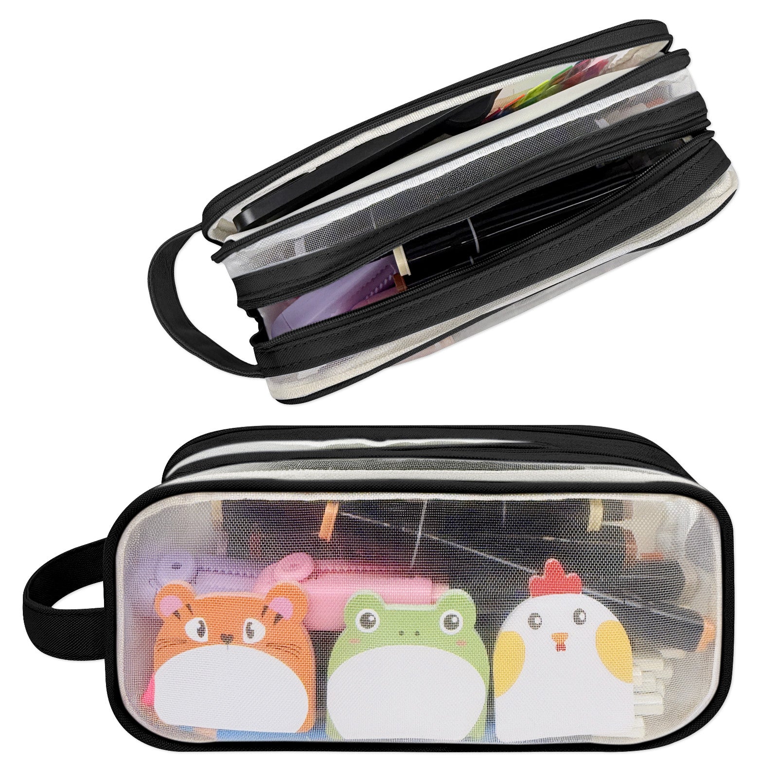 Wrapables 2 Compartment Large Grid Transparent Mesh Pencil Case, Pencil Pouch for Stationery Tools, Makeup, and Travel
