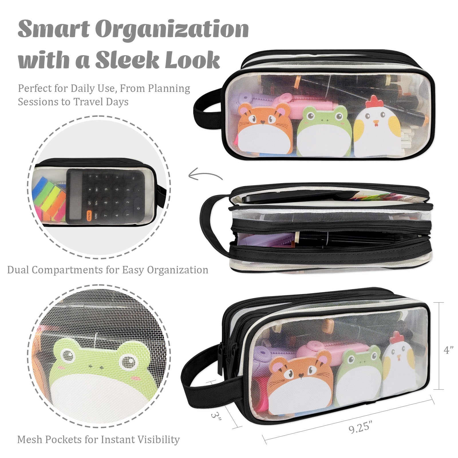 Wrapables 2 Compartment Large Grid Transparent Mesh Pencil Case, Pencil Pouch for Stationery Tools, Makeup, and Travel