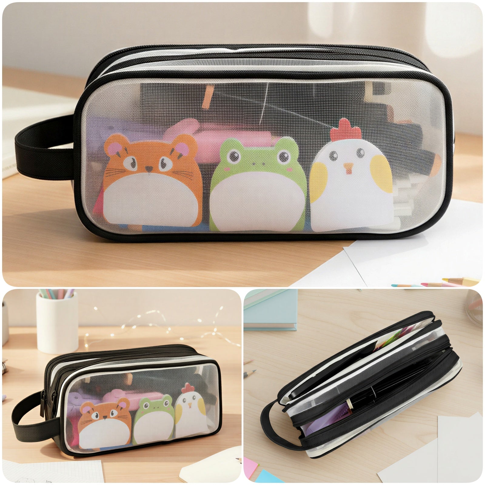 Wrapables 2 Compartment Large Grid Transparent Mesh Pencil Case, Pencil Pouch for Stationery Tools, Makeup, and Travel