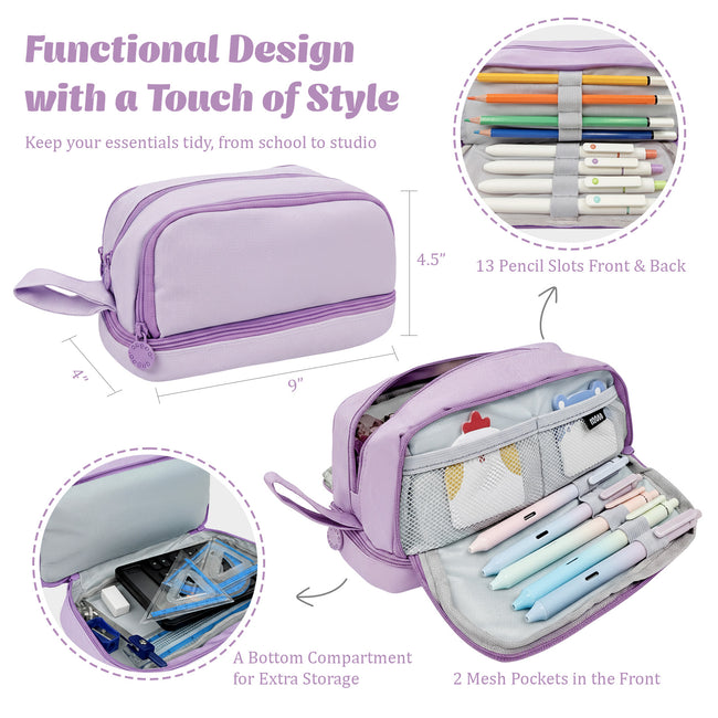 Wrapables 4 Compartment Large Capacity Pencil Case, Pencil Pouch for Stationery Tools, Lavender.