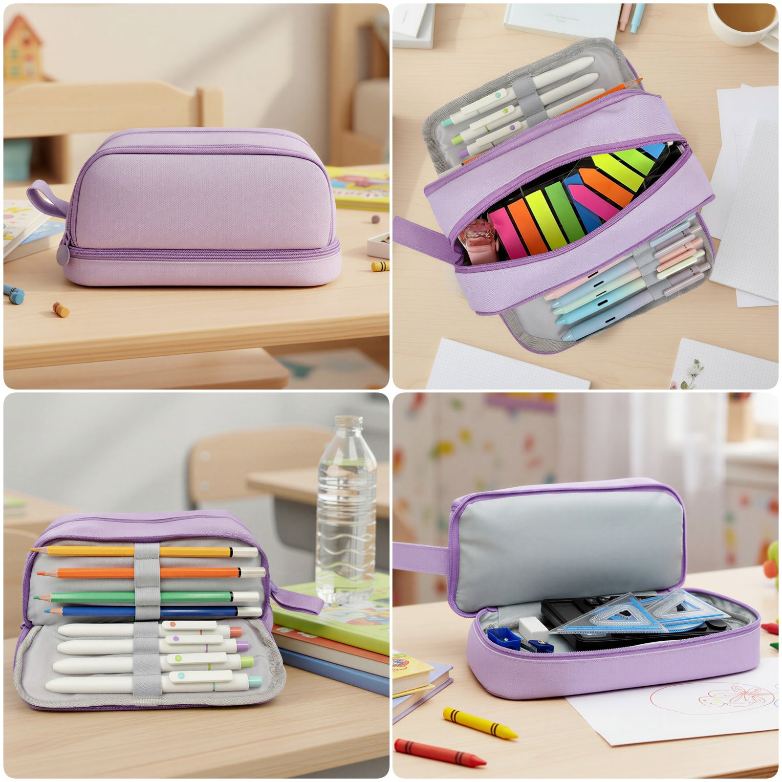 Wrapables 4 Compartment Large Capacity Pencil Case, Pencil Pouch for Stationery Tools, Lavender