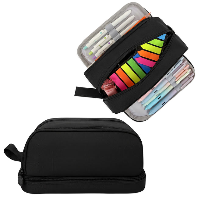 Wrapables 4 Compartment Large Capacity Pencil Case, Pencil Pouch for Stationery Tools, Black.