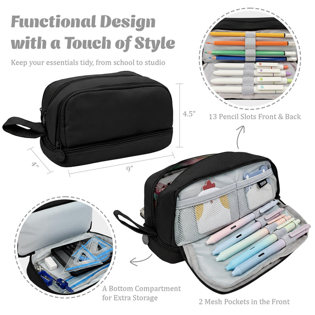 Wrapables 4 Compartment Large Capacity Pencil Case, Pencil Pouch for Stationery Tools, Black.