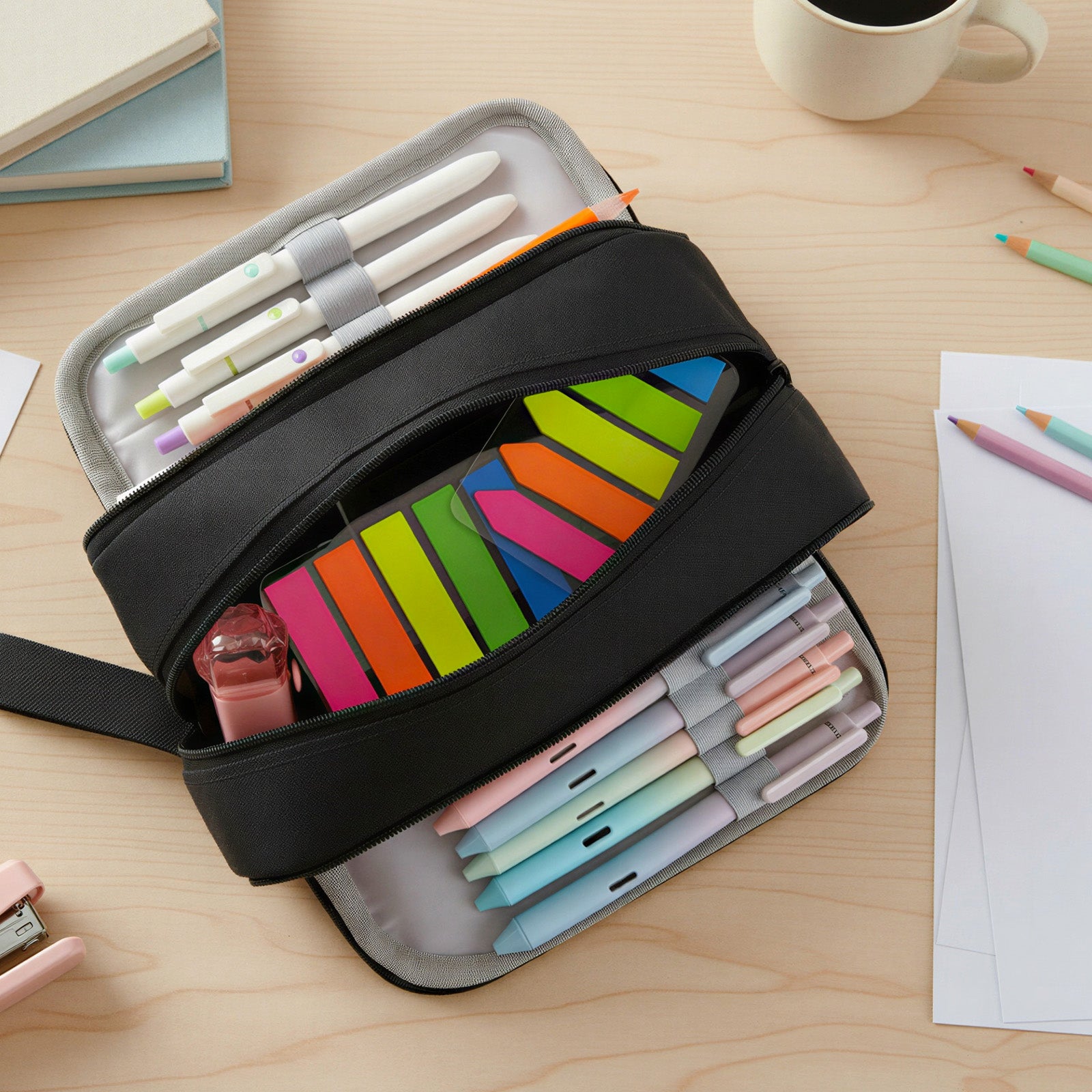 Wrapables Back-to-School Cute and Trendy Savings Bundle, School Supplies Kit with Pencil Case Pencil Pouch and Erasers with Clean Up Roller, Black