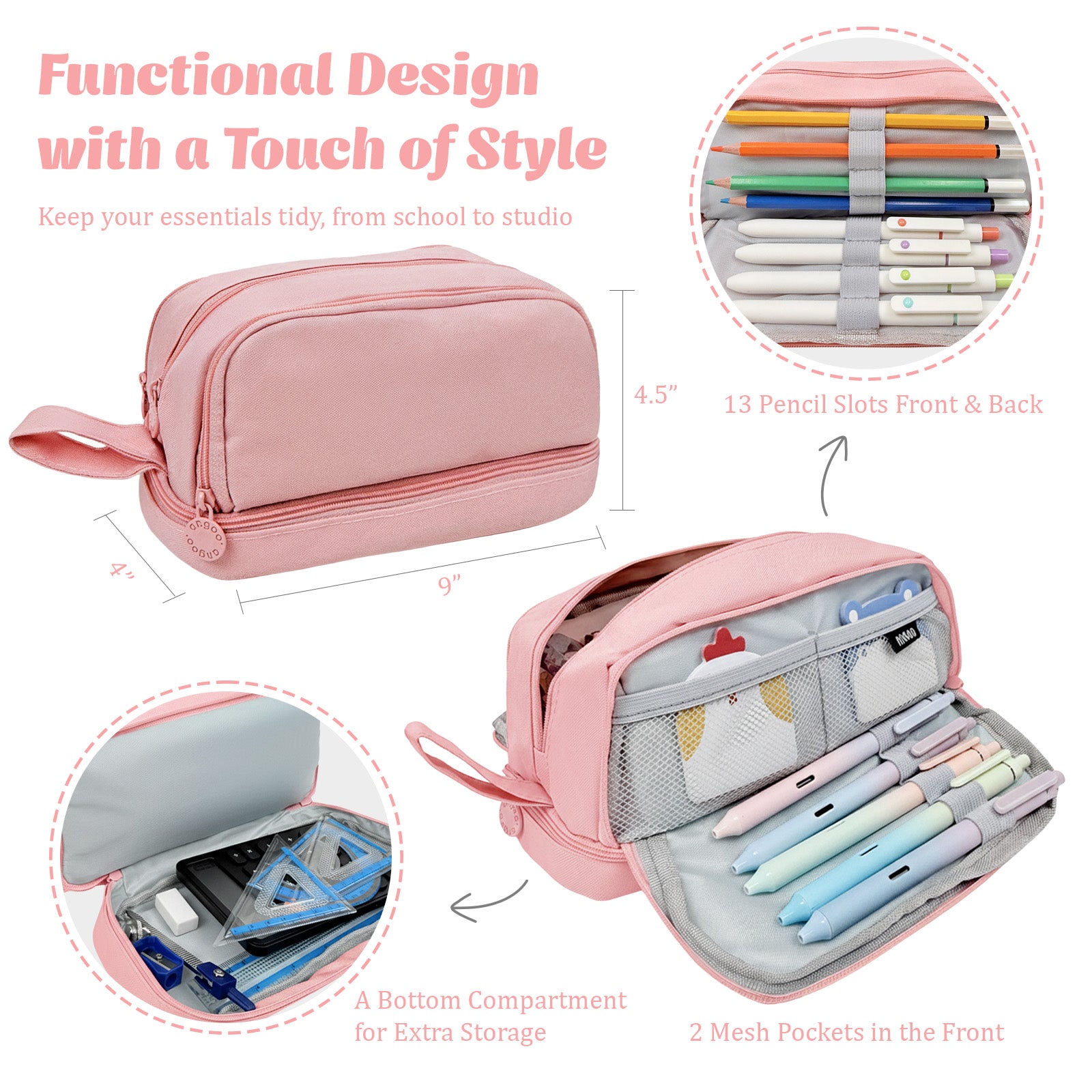 Wrapables 4 Compartment Large Capacity Pencil Case, Pencil Pouch for Stationery Tools