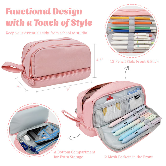 Wrapables 4 Compartment Large Capacity Pencil Case, Pencil Pouch for Stationery Tools, Pink