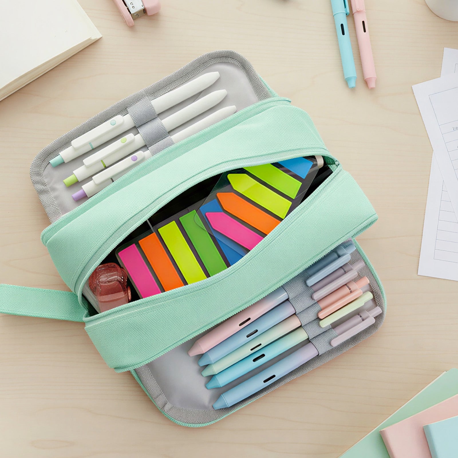 Wrapables Back-to-School Budget Pack, Schools Supplies Kit with 4 Compartment Pencil Case Pencil Pouch and White Correction Tape, Aqua