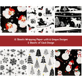 Wrapables 12pcs Christmas Wrapping Paper, Holiday Gift Wrap Paper, Sheets Folded Flat 20L x 27W inches, Black and Red