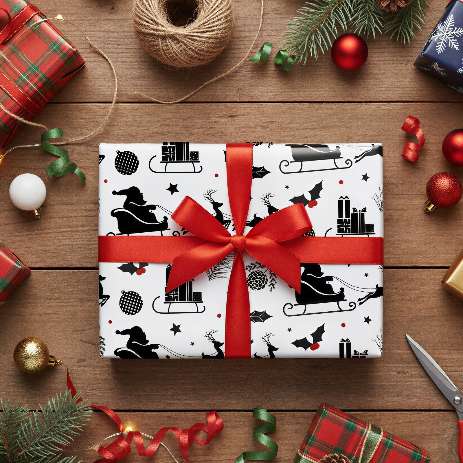 Wrapables 12pcs Christmas Wrapping Paper, Holiday Gift Wrap Paper, Sheets Folded Flat 20L x 27W inches, Black and Red