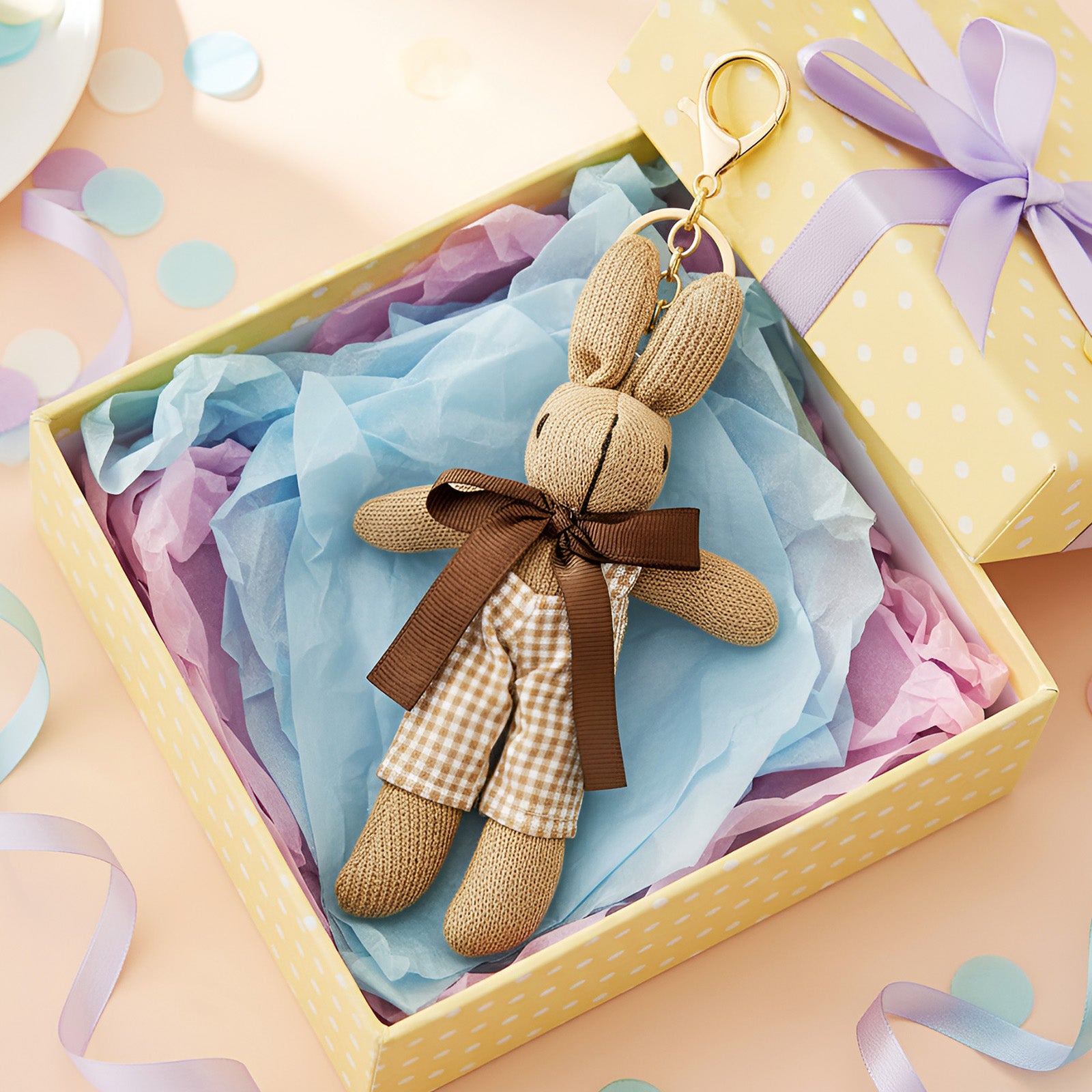 Wrapables Cute Plush Keychain Pendant Charm for Bag, Gingham Bunny