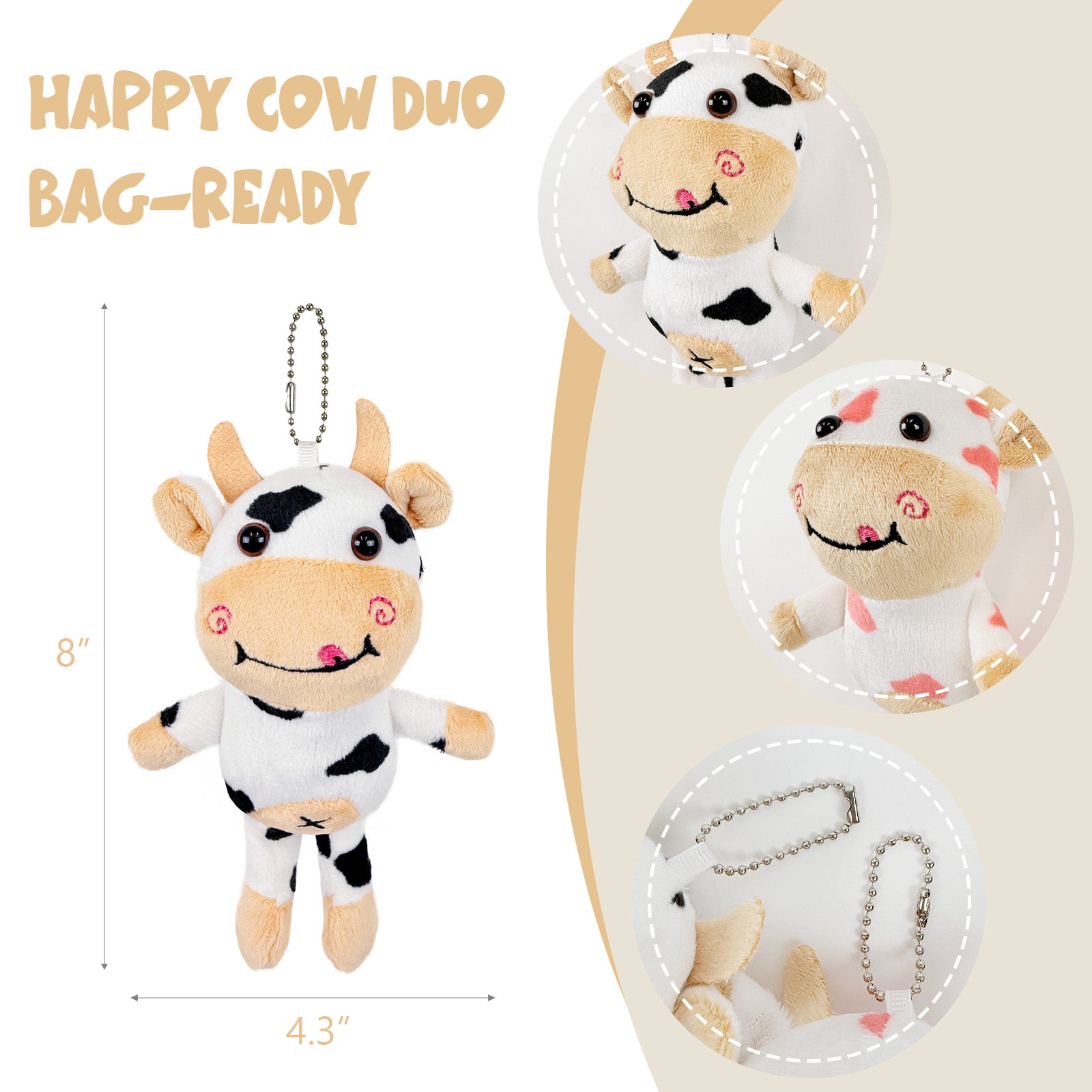 Wrapables Plush Stuffed Animal Doll Keychain Bag Charm (Set of 2), Cows