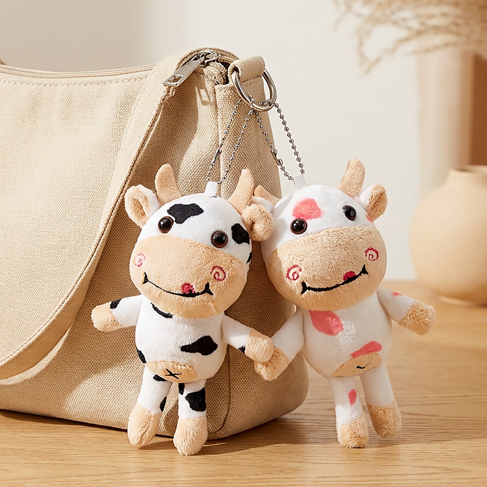 Wrapables Plush Stuffed Animal Doll Keychain Bag Charm (Set of 2), Cows