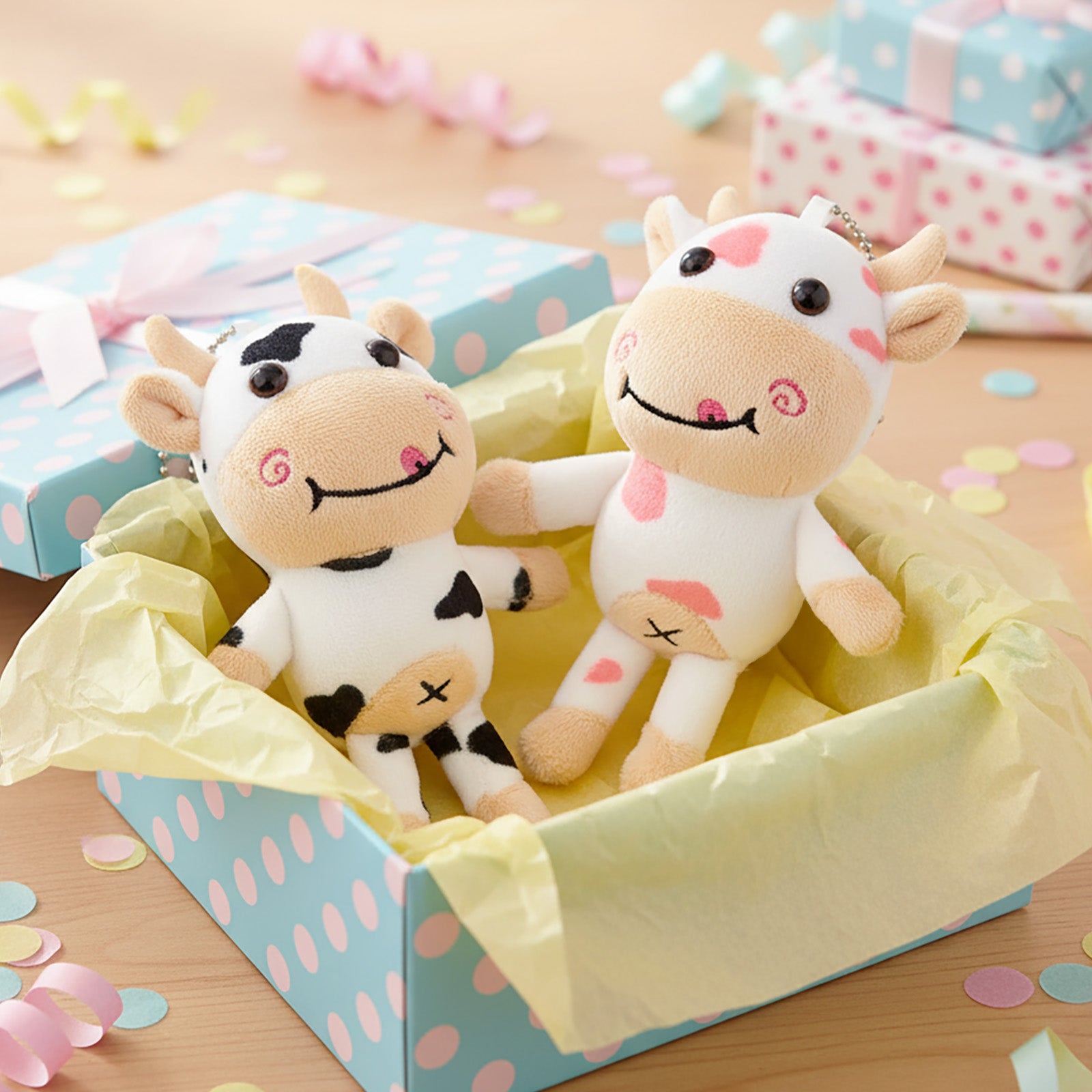 Wrapables Plush Stuffed Animal Doll Keychain Bag Charm (Set of 2), Cows