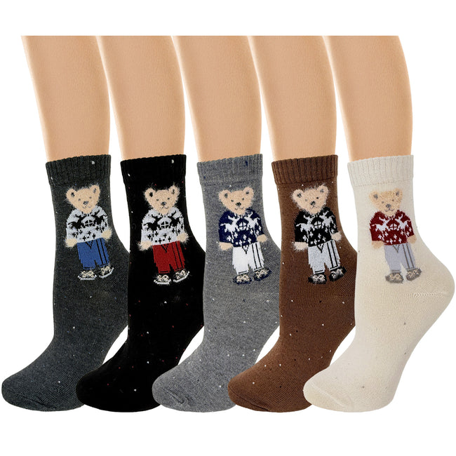 Wrapables Women's Cute Teddy Bear in Christmas Sweater Winter Crew Socks (Set of 5)