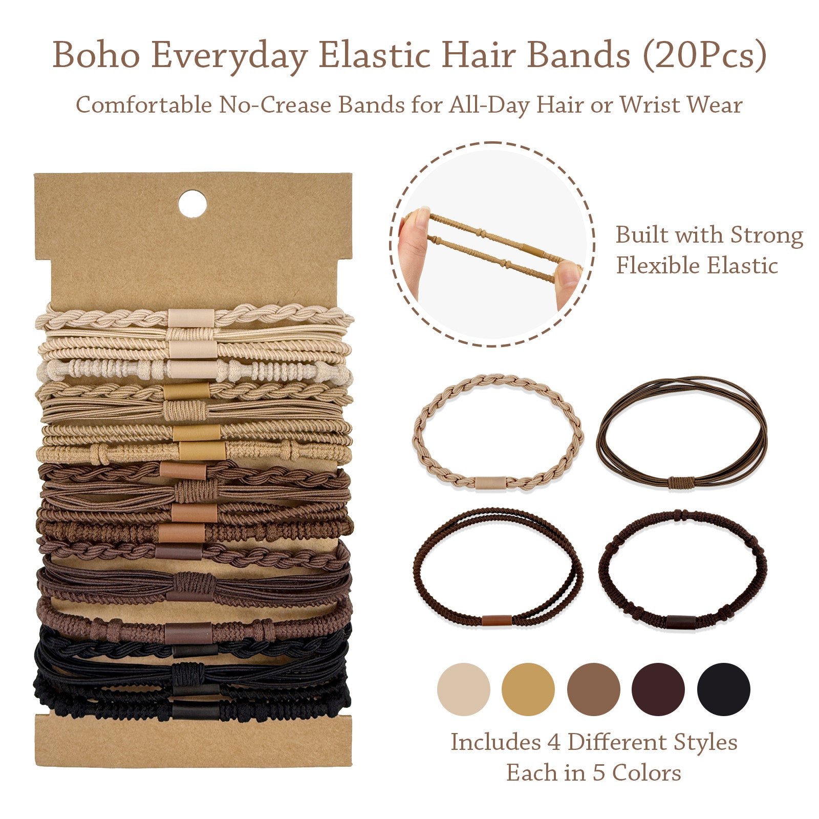 Wrapables Boho Hair Tie Bracelets for Women, No Damage Elastic Hair Bands, Hair Accessories for Thick and Thin Ponytails (20pcs)