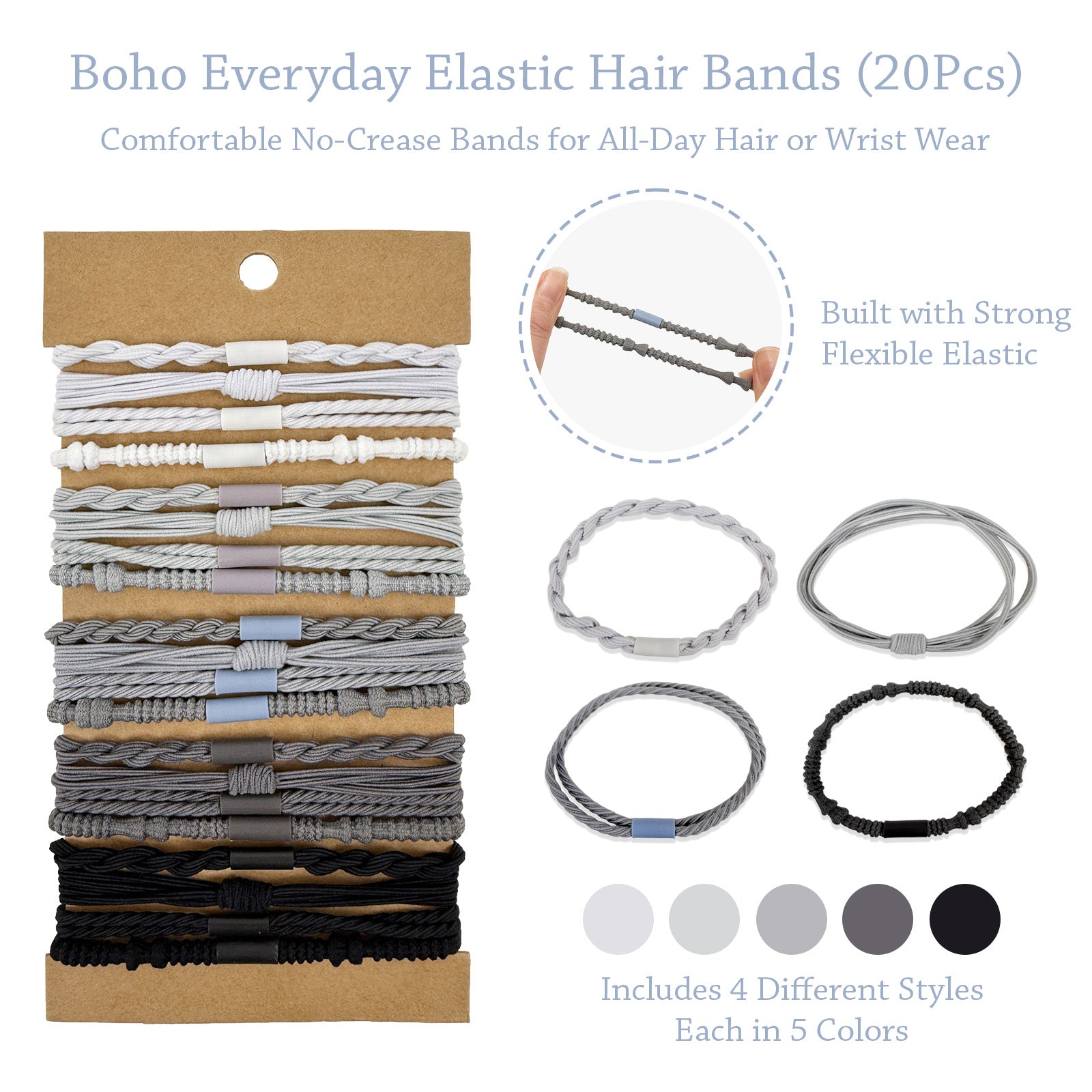 Wrapables Boho Hair Tie Bracelets for Women, No Damage Elastic Hair Bands, Hair Accessories for Thick and Thin Ponytails (20pcs)