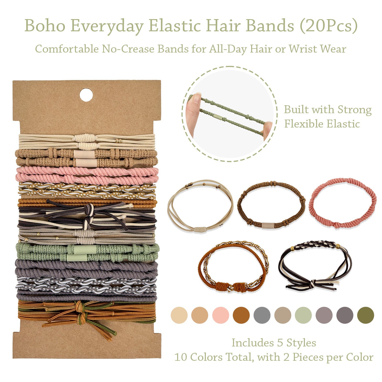 Wrapables Boho Hair Tie Bracelets for Women, No Damage Elastic Hair Bands, Hair Accessories for Thick and Thin Ponytails (20pcs)