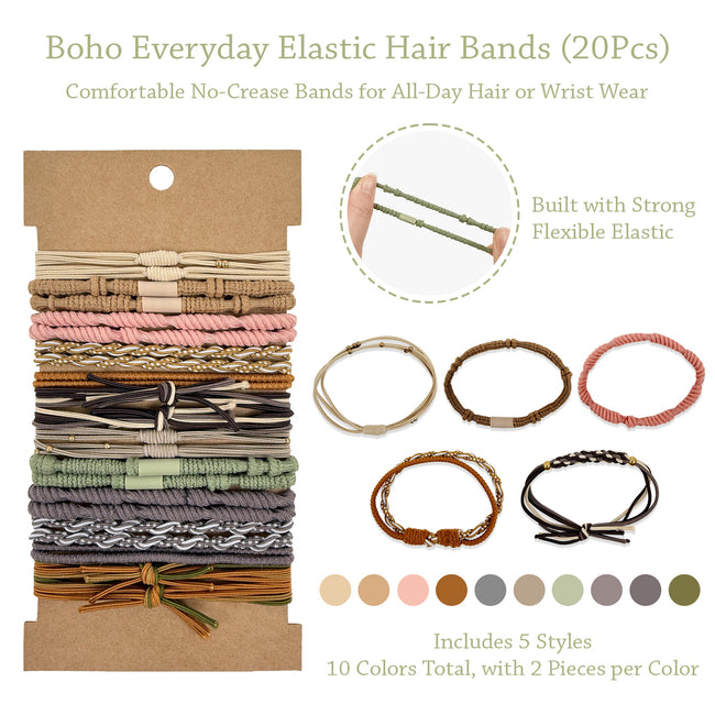 Wrapables Boho Hair Tie Bracelets for Women, No Damage Elastic Hair Bands, Hair Accessories for Thick and Thin Ponytails (20pcs)