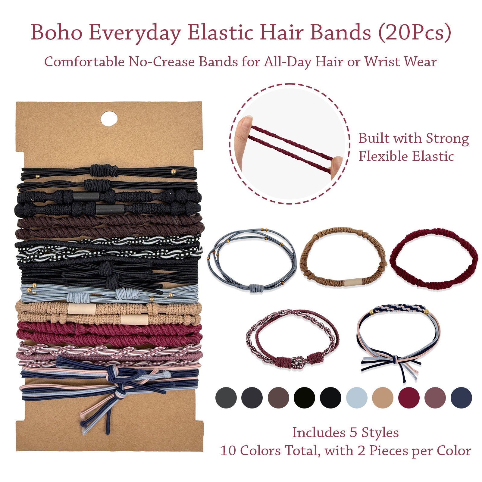 Wrapables Boho Hair Tie Bracelets for Women, No Damage Elastic Hair Bands, Hair Accessories for Thick and Thin Ponytails (20pcs)