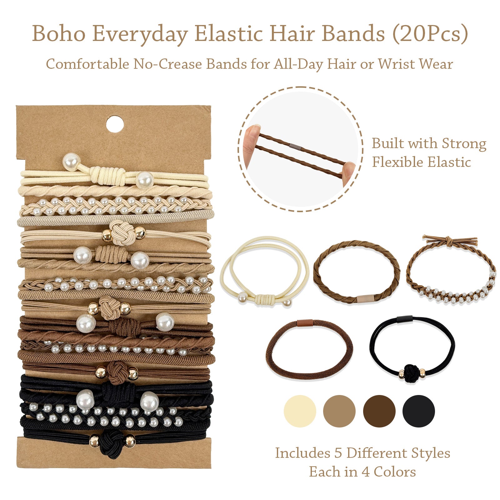 Wrapables Boho Hair Tie Bracelets for Women, No Damage Elastic Hair Bands, Hair Accessories for Thick and Thin Ponytails (20pcs)