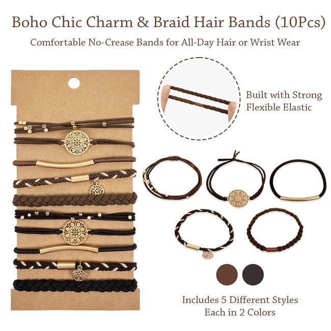 Wrapables Charms and Braided Boho Hair Tie Bracelets for Women, No Damage Elastic Hair Bands, Hair Accessories for Ponytails (10pcs)