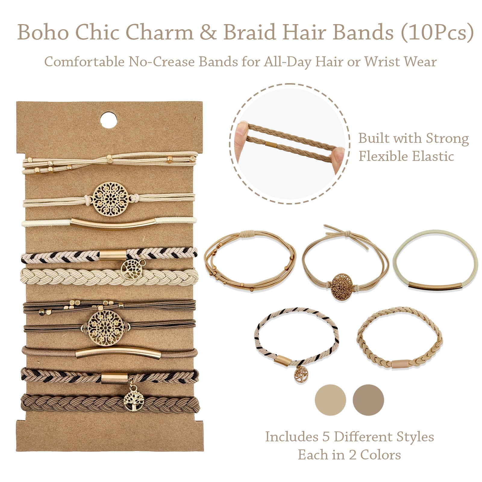 Wrapables Charms and Braided Boho Hair Tie Bracelets for Women, No Damage Elastic Hair Bands, Hair Accessories for Ponytails (10pcs)