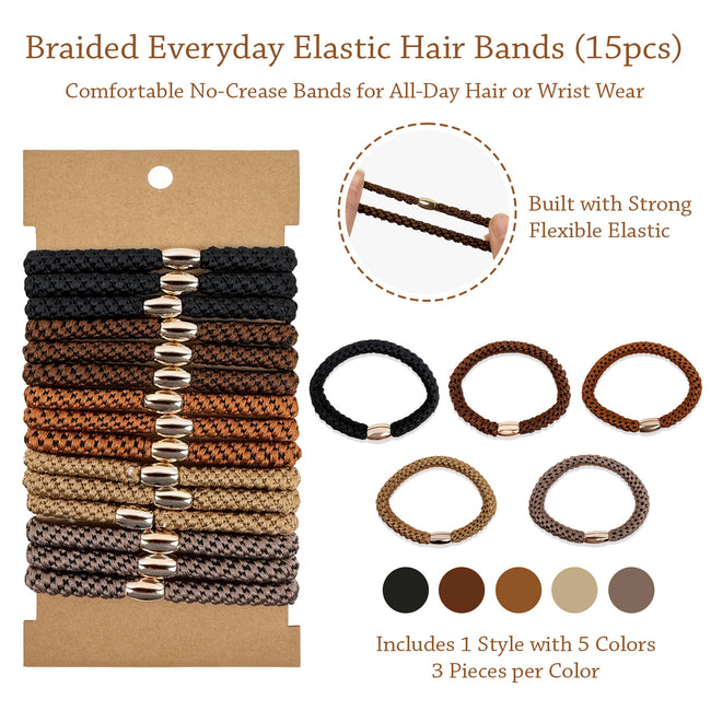 Wrapables Braided Elastic Hair Ties for Women, No Damage Hairbands for Thick Ponytails (15pcs)