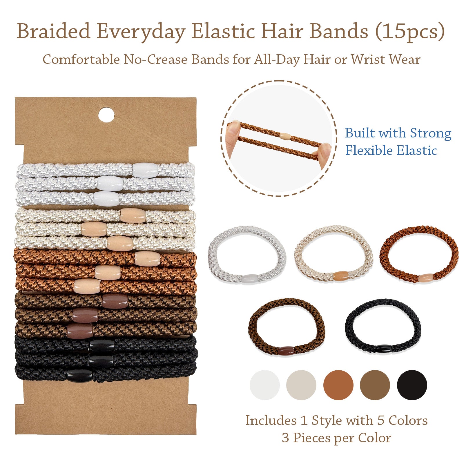 Wrapables Braided Elastic Hair Ties for Women, No Damage Hairbands for Thick Ponytails (15pcs)