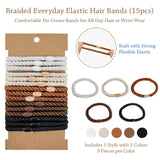 Wrapables Braided Elastic Hair Ties for Women, No Damage Hairbands for Thick Ponytails (15pcs)