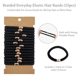 Wrapables Braided Elastic Hair Ties for Women, No Damage Hairbands for Thick Ponytails (15pcs)