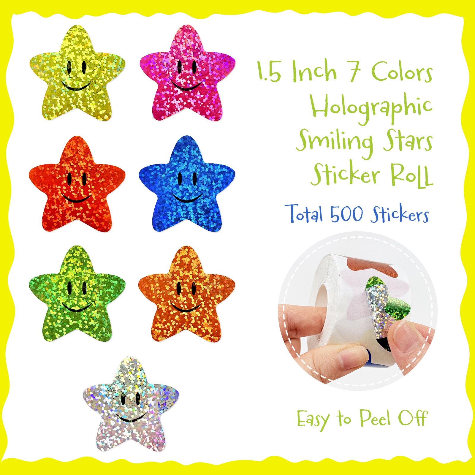 Wrapables 1.5 Inch Holographic Glitter Sticker Roll, for Sealing Envelopes, Gift Boxes, Journal, Party Decor and Supplies (500pcs), Smiling Stars