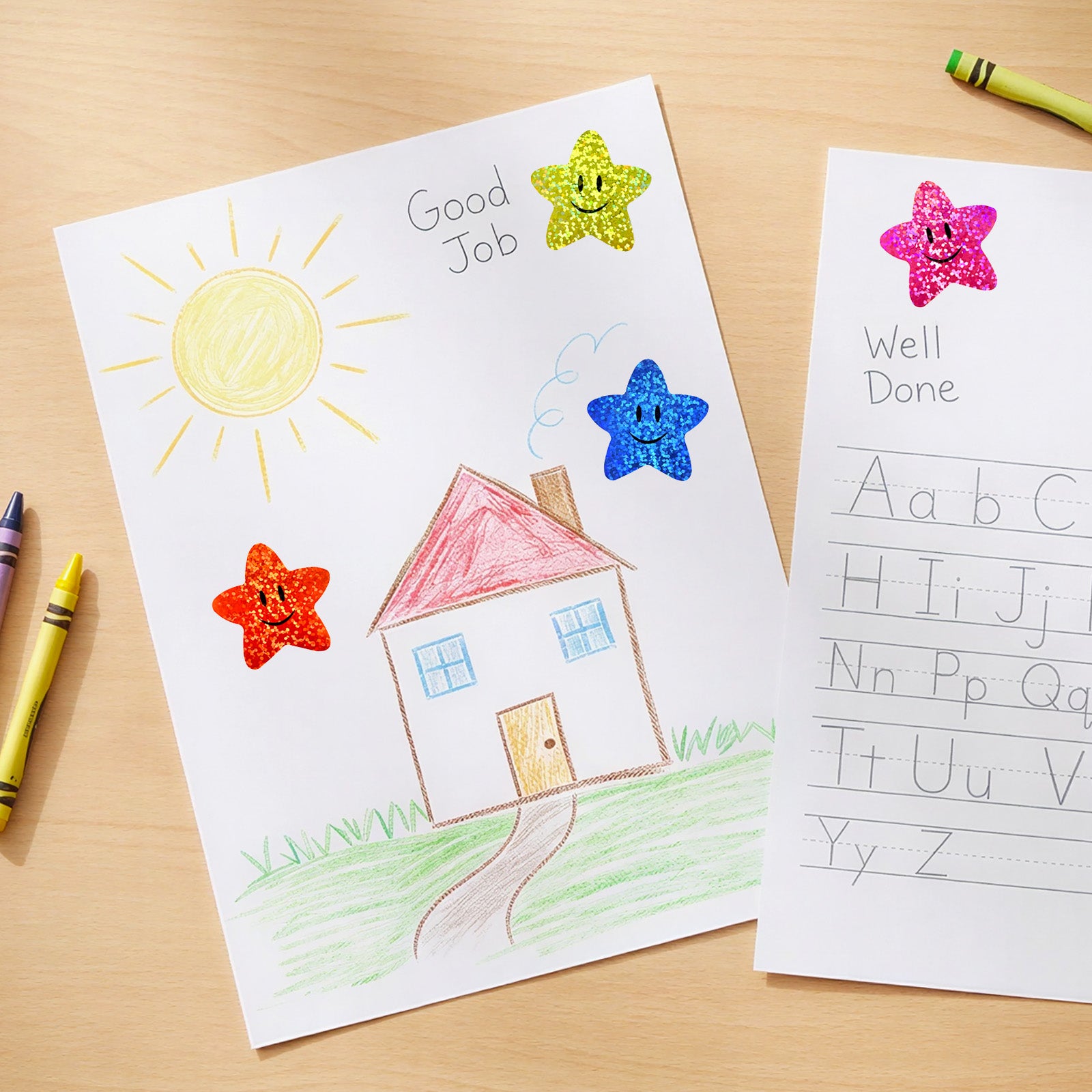 Wrapables 1.5 Inch Holographic Glitter Sticker Roll, for Sealing Envelopes, Gift Boxes, Journal, Party Decor and Supplies (500pcs), Smiling Stars