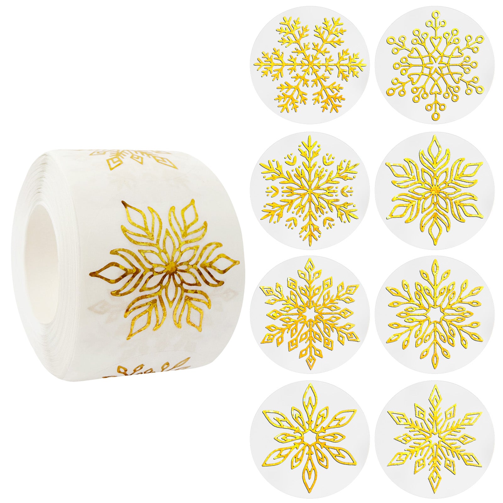 Wrapables 1.5 Inch Holographic Christmas Sticker Label Roll, Holiday Stickers for Sealing Cards, Envelopes, Gift Boxes (500pcs), Gold Snowflakes