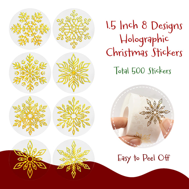 Wrapables 1.5 Inch Holographic Christmas Sticker Label Roll, Holiday Stickers for Sealing Cards, Envelopes, Gift Boxes (500pcs), Gold Snowflakes